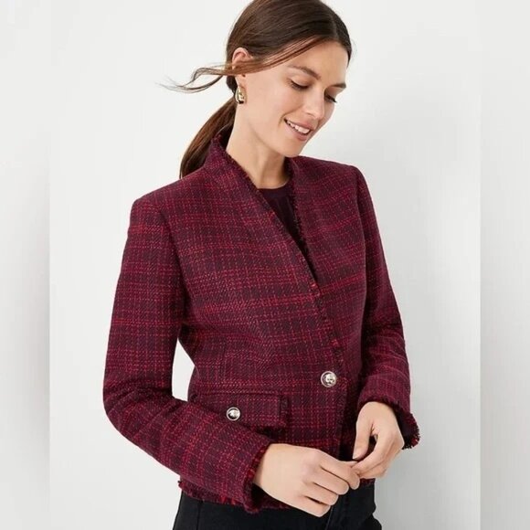 Ann Taylor Plaid Fringe Tweed Jacket Front Button Womens Plum Rose Size 18 - Picture 1 of 14